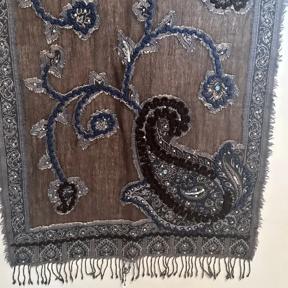 Tolani 100% Wool Scarf Brown Blue Embroidered Sequins Paisley Fringe Oversized
